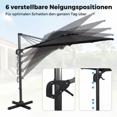 Slnečník typu „semafor“ Ø 300 cm, sklopný, otočný o 360°, s kľukou a nožným pedálom, sivý