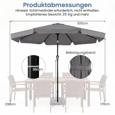 300 cm sklopný záhradný slnečník s pevnou kovovou tyčou, 8 rebier, ovládanie kľukou, sivý