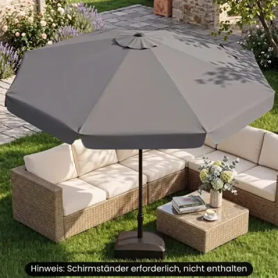 300 cm sklopný záhradný slnečník s pevnou kovovou tyčou, 8 rebier, ovládanie kľukou, sivý