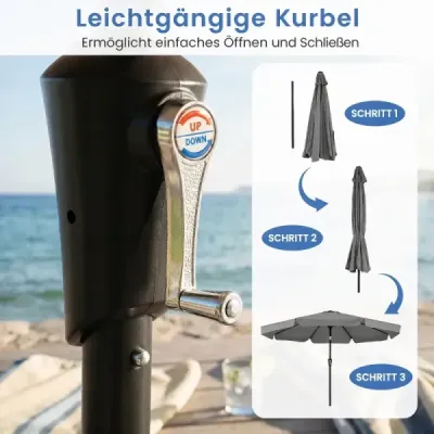 300 cm sklopný záhradný slnečník s pevnou kovovou tyčou, 8 rebier, ovládanie kľukou, sivý