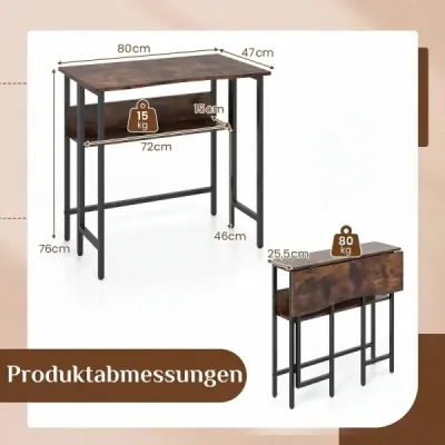 Sklopný písací stôl s robustnou kovovou konštrukciou a odkladacím priestorom – drevený počítačový stôl v rustikálnej hnedej farbe