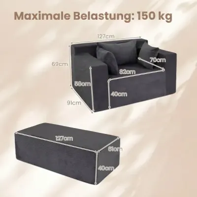 Podlahová pohovka z manšestru s taburetom – modulárna rozkladacia pohovka s 3 vankúšmi, nosnosť až 150 kg, sivá