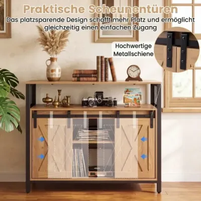 Drevená komoda s kovovým rámom, 2 posuvné dvere a 3 nastaviteľné police, 100 x 33 x 80 cm, prírodná farba