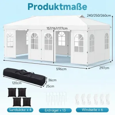 Pavilon 3 x 6 m, rozkladací párty stan s nastaviteľnou výškou, so 6 bočnými stenami a oknami, biely