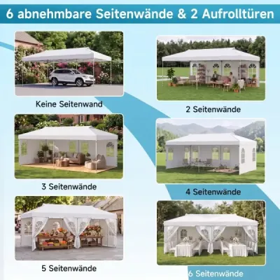 Pavilon 3 x 6 m, rozkladací párty stan s nastaviteľnou výškou, so 6 bočnými stenami a oknami, biely