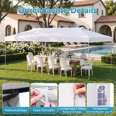 Pavilon 3 x 6 m, rozkladací párty stan s nastaviteľnou výškou, so 6 bočnými stenami a oknami, biely