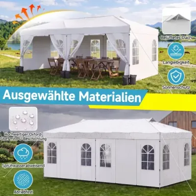 Pavilon 3 x 6 m, rozkladací párty stan s nastaviteľnou výškou, so 6 bočnými stenami a oknami, biely
