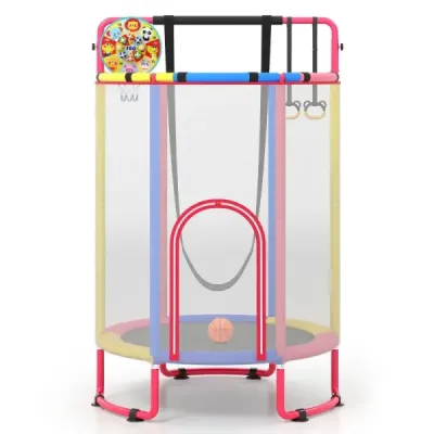Detský trampolín 6 v 1 s bezpečnostnou sieťou a žiarovo pozinkovaným kovovým rámom, 140 x 140 x 214 cm, farebný
