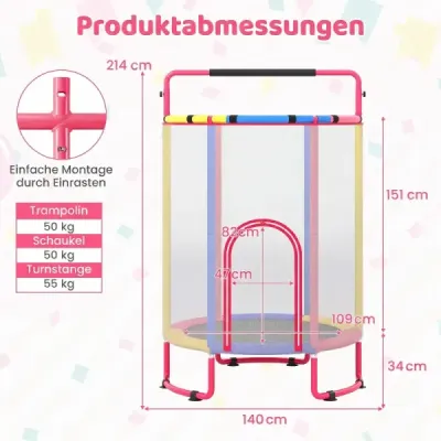 Detský trampolín 6 v 1 s bezpečnostnou sieťou a žiarovo pozinkovaným kovovým rámom, 140 x 140 x 214 cm, farebný