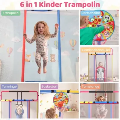 Detský trampolín 6 v 1 s bezpečnostnou sieťou a žiarovo pozinkovaným kovovým rámom, 140 x 140 x 214 cm, farebný