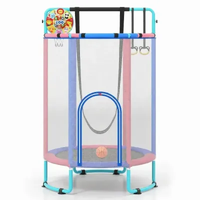 Detský trampolín 6 v 1 s bezpečnostnou sieťou a žiarovo pozinkovaným kovovým rámom, 140 x 140 x 214 cm, modrý