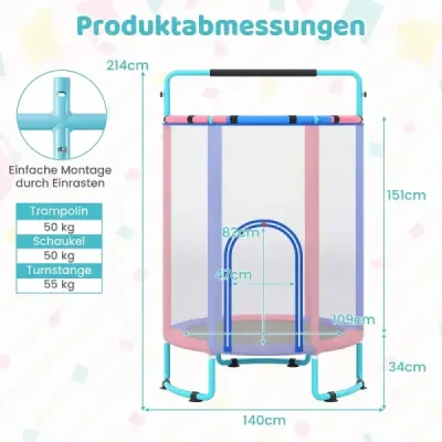 Detský trampolín 6 v 1 s bezpečnostnou sieťou a žiarovo pozinkovaným kovovým rámom, 140 x 140 x 214 cm, modrý