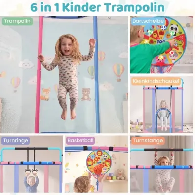 Detský trampolín 6 v 1 s bezpečnostnou sieťou a žiarovo pozinkovaným kovovým rámom, 140 x 140 x 214 cm, modrý