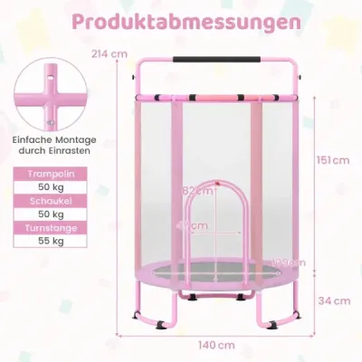 Detský trampolín 6 v 1 s bezpečnostnou sieťou a žiarovo pozinkovaným kovovým rámom, 140 x 140 x 214 cm, fialový
