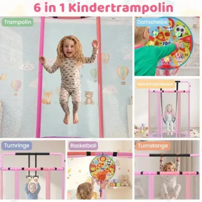 Detský trampolín 6 v 1 s bezpečnostnou sieťou a žiarovo pozinkovaným kovovým rámom, 140 x 140 x 214 cm, fialový
