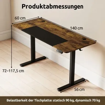 Elektricky výškovo nastaviteľný písací stôl s LED ovládacím panelom a kovovým rámom v tvare T, 140 x 60 cm, v rustikálnej hnedej farbe