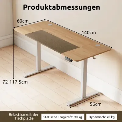 Elektricky výškovo nastaviteľný písací stôl s LED ovládacím panelom a kovovým rámom v tvare T, 140 x 60 cm, prírodná farba