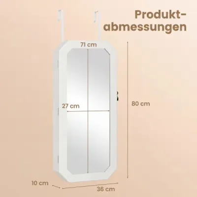 Skriňa na šperky so zrkadlom – uzamykateľná závesná skriňa s magnetickými dverami, 36 x 10 x 80 cm, biela