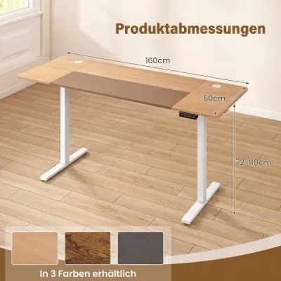 Elektricky výškovo nastaviteľný písací stôl so stabilným kovovým podstavcom 160 x 60 cm, prírodná farba