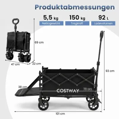 92 L Skladací univerzálny vozík s nastaviteľnou rukoväťou a brzdou, nosnosť 150 kg, čierny