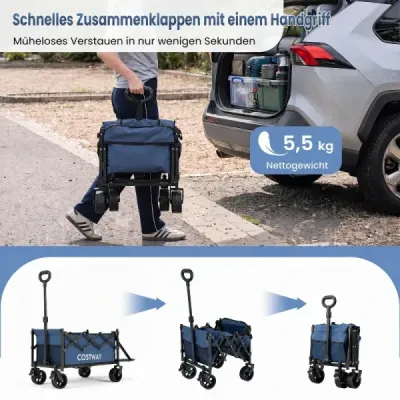 92 L Skladací univerzálny vozík s nastaviteľnou rukoväťou a brzdou, nosnosť 150 kg, modrý