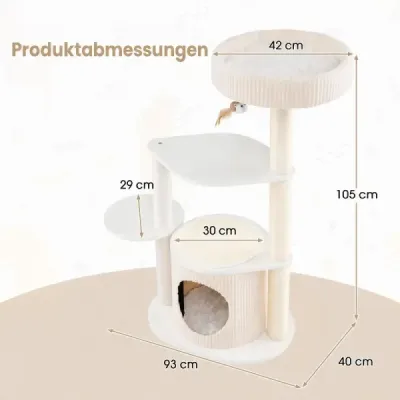 105 cm škrabadlo so sisalovými tyčami – malé škrabadlo s búdkou a ležadlom pre mačky, biele