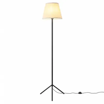 Moderná stojaca lampa s látkovým tienidlom, E 27, s trojnožkovým kovovým podstavcom a nožným vypínačom