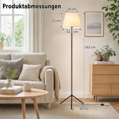 Moderná stojaca lampa s látkovým tienidlom, E 27, s trojnožkovým kovovým podstavcom a nožným vypínačom