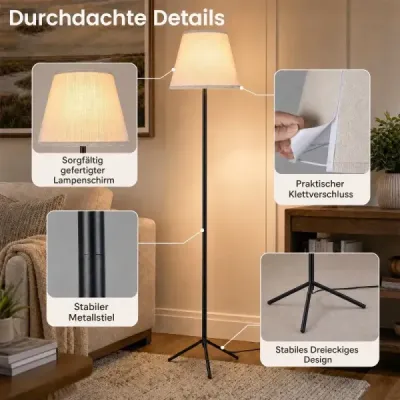 Moderná stojaca lampa s látkovým tienidlom, E 27, s trojnožkovým kovovým podstavcom a nožným vypínačom
