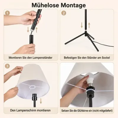 Moderná stojaca lampa s látkovým tienidlom, E 27, s trojnožkovým kovovým podstavcom a nožným vypínačom
