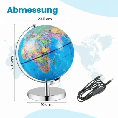 Svetelný glóbus s priemerom 23 cm s kovovým podstavcom, osvetlením, nemeckou geografickou mapou a mapou súhvezdí