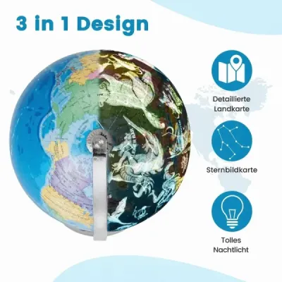 Svetelný glóbus s priemerom 23 cm s kovovým podstavcom, osvetlením, nemeckou geografickou mapou a mapou súhvezdí