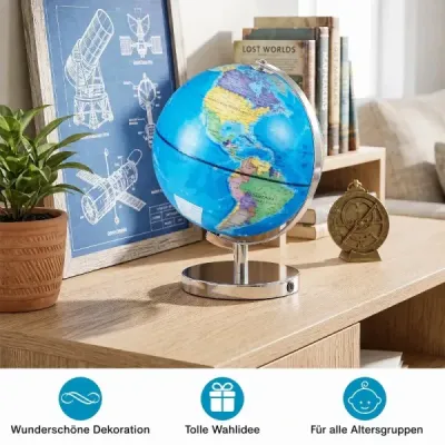 Svetelný glóbus s priemerom 23 cm s kovovým podstavcom, osvetlením, nemeckou geografickou mapou a mapou súhvezdí