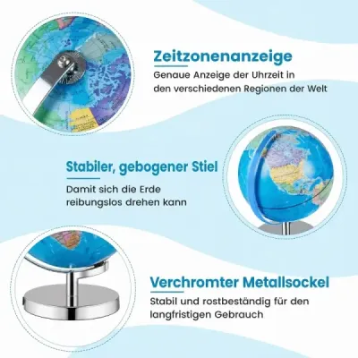 Svetelný glóbus s priemerom 23 cm s kovovým podstavcom, osvetlením, nemeckou geografickou mapou a mapou súhvezdí