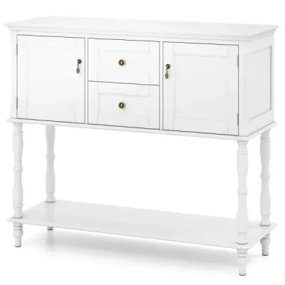 Vintage konzolový stolík s antickými mosadznými úchytkami, 2 zásuvky a 2 skrinky, 100 x 36 x 86,5 cm, biely
