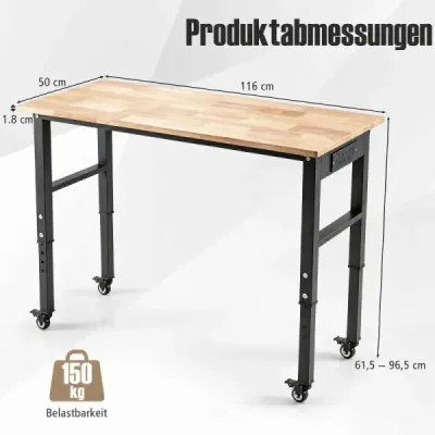 Pracovný stôl so zásuvkami a kolieskami, výškovo nastaviteľný, mobilný garážový stôl s nosnosťou až 150 kg