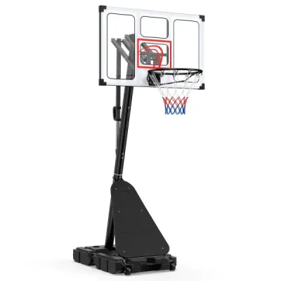 Basketbalový kôš na kolieskach, výškovo nastaviteľný stojan na basketbal s výškou 150–305 cm, s zadnou stenou z polykarbonátu a základňou, do ktorej sa dá naliať voda