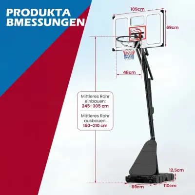 Basketbalový kôš na kolieskach, výškovo nastaviteľný stojan na basketbal s výškou 150–305 cm, s zadnou stenou z polykarbonátu a základňou, do ktorej sa dá naliať voda