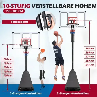 Basketbalový kôš na kolieskach, výškovo nastaviteľný stojan na basketbal s výškou 150–305 cm, s zadnou stenou z polykarbonátu a základňou, do ktorej sa dá naliať voda