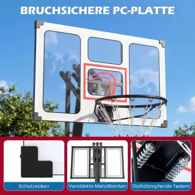 Basketbalový kôš na kolieskach, výškovo nastaviteľný stojan na basketbal s výškou 150–305 cm, s zadnou stenou z polykarbonátu a základňou, do ktorej sa dá naliať voda