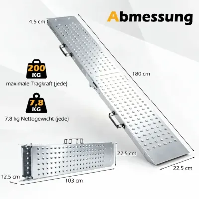 Skladateľná ľahká kovová nakladacia rampa, 2 ks, nosnosť do 400 kg, rozmery 180 x 22,5 x 4,5 cm
