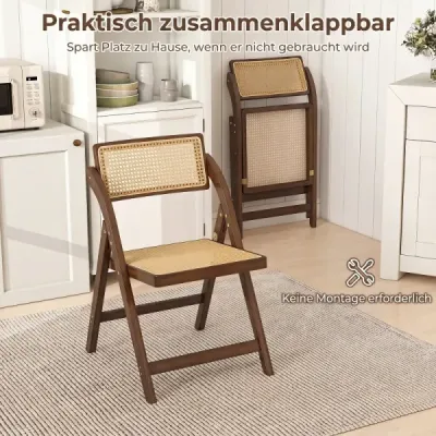 Sada 2 skladacích ratanových stoličiek s bambusovým rámom – kuchynské stoličky v štýle boho, nosnosť 150 kg, orech