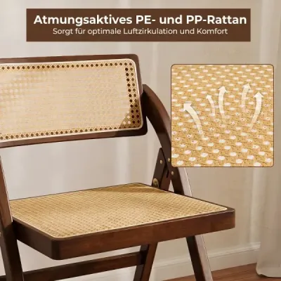 Sada 2 skladacích ratanových stoličiek s bambusovým rámom – kuchynské stoličky v štýle boho, nosnosť 150 kg, orech