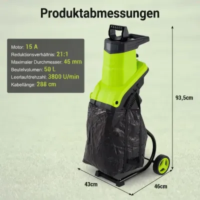 Elektrický drvič záhradného odpadu 2500 W s nožovým mechanizmom pre konáre do 45 mm, pomer drvenia 21:1, zelený