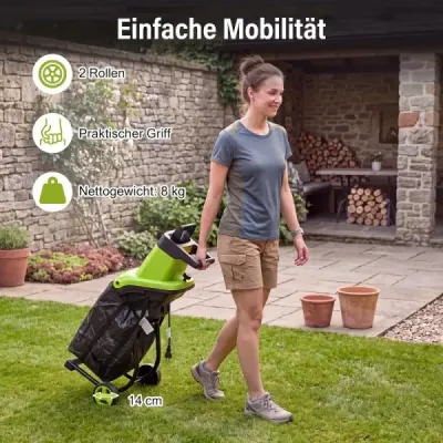 Elektrický drvič záhradného odpadu 2500 W s nožovým mechanizmom pre konáre do 45 mm, pomer drvenia 21:1, zelený