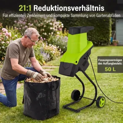 Elektrický drvič záhradného odpadu 2500 W s nožovým mechanizmom pre konáre do 45 mm, pomer drvenia 21:1, zelený