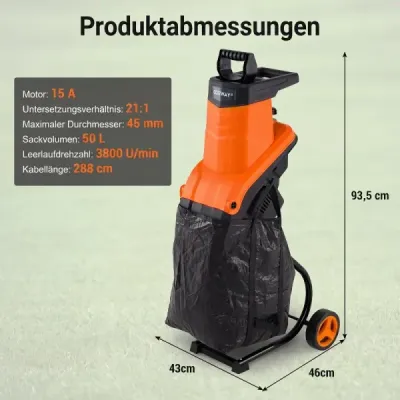 Elektrický drvič záhradného odpadu 2500 W s nožovým mechanizmom pre konáre do 45 mm, pomer drvenia 21:1, oranžový