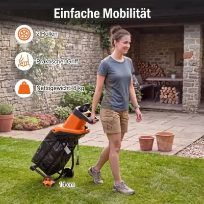 Elektrický drvič záhradného odpadu 2500 W s nožovým mechanizmom pre konáre do 45 mm, pomer drvenia 21:1, oranžový