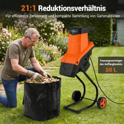 Elektrický drvič záhradného odpadu 2500 W s nožovým mechanizmom pre konáre do 45 mm, pomer drvenia 21:1, oranžový