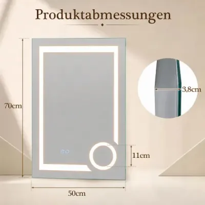 Kúpeľňové zrkadlo s osvetlením, ochranou proti zahmlievaniu a 3-násobným zväčšením, 70 x 50 cm, strieborné